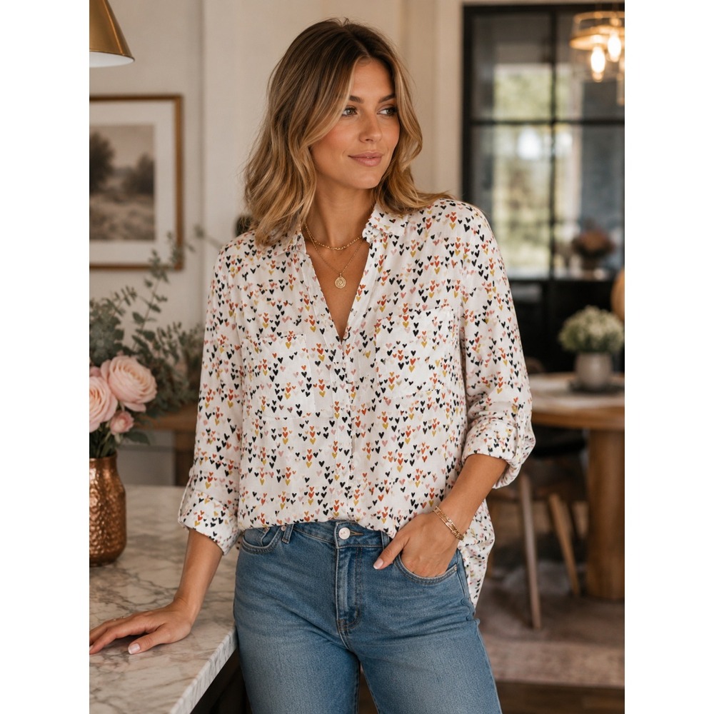 Velvet Heart Heart Print Button Front Blouse Women Heart Vacation Resort S - Picture 1 of 6